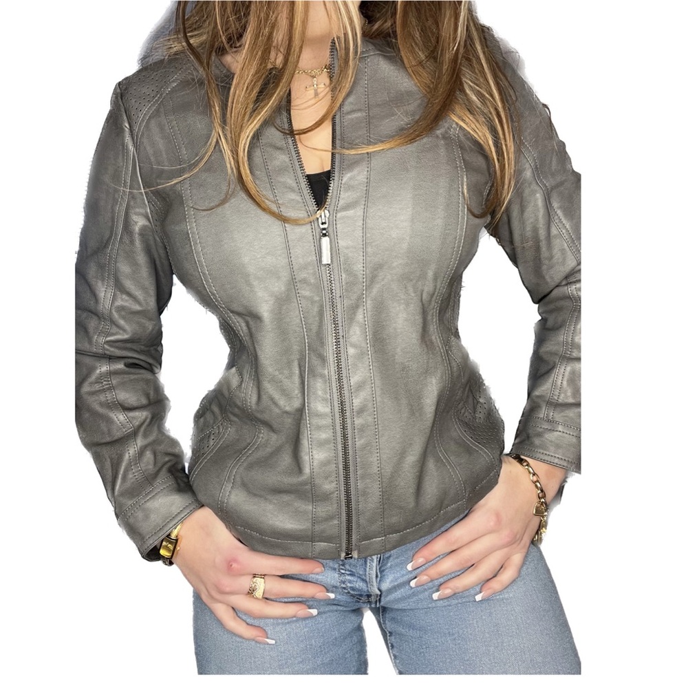 Alfani Vegan Leather Jacket - Charcoal Gray (Petite L)